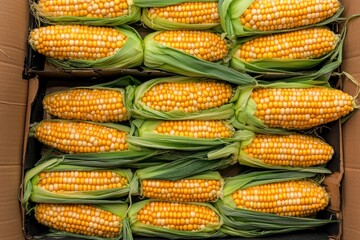 Fresh Yellow Corn Cobs with Green Husk in a Cardboard Box, Perfect for Market Display and Farm Stands