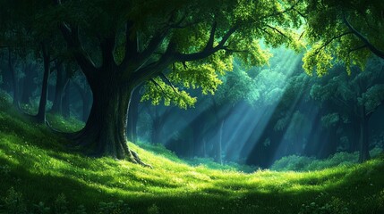 A serene forest scene with vibrant green foliage and sun rays filtering through tree branches.
