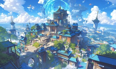 Obraz premium Glowing fantasy fortress with ethereal blue radiance, anime style