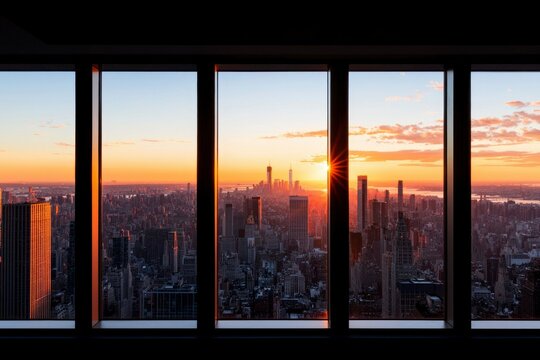 Fototapeta Sunset over NYC buildings seen from a high floor through window for architecture