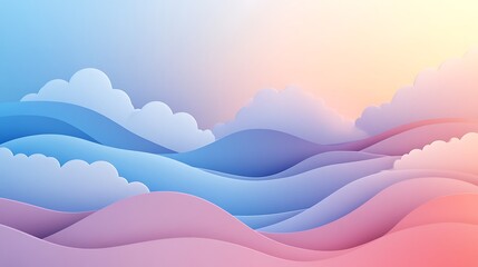 Pastel Landscape with Rolling Hills and Fluffy Clouds