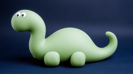 Naklejka premium Cute Green Dinosaur Toy with Big Eyes on Dark Background
