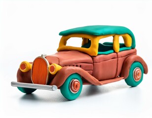 vintage car molded from plasticine modeling clay isolated on white background