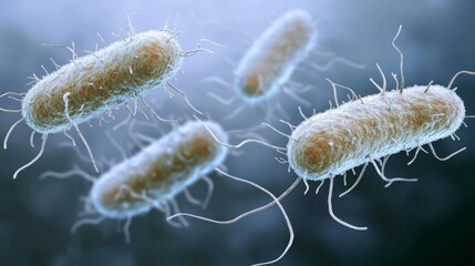 Close-up view of salmonella bacteria under a microscope, showcasing vibrant colors and rod-shaped structure, representing microbiology and scientific research concepts.	