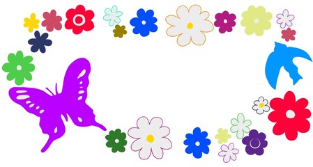蝶々と花と鳥のカラフルフレームイラストセット