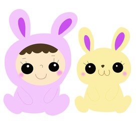 着ぐるみウサちゃんとウサギのイラストセット
