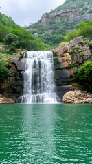 Fototapeta premium Stunning Waterfall Surrounded by Lush Greenery and Majestic Mountains in a Serene Tropical Paradise