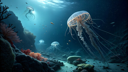 Glow Luminescent Jellyfish. Background. Generative Ai