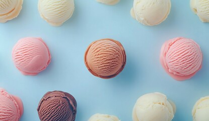 Ice Cream Scoops: Vanilla, Chocolate, Strawberry, and Coffee Flavors Arranged on Blue Background