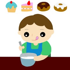 ケーキやドーナツなどのお菓子作りをする男性