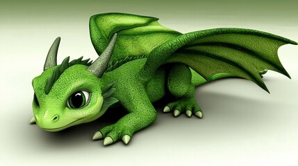 Fototapeta premium Cute Green Dragon with Large Wings and Friendly Expression