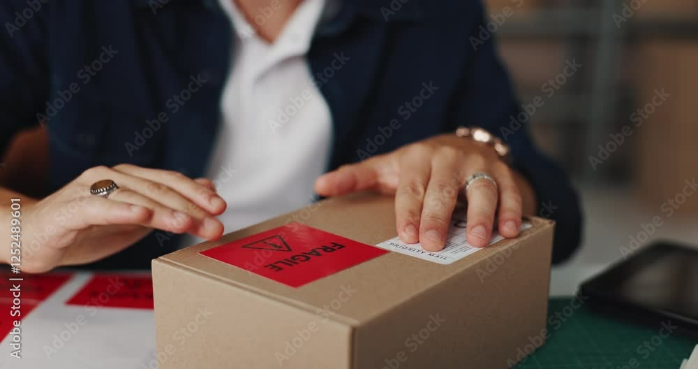 Poster package, warning sticker and hands of person in workshop for delivery, shipping or courier. ecommerc