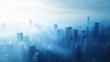 Fototapeta premium A misty cityscape with a blue hue, showcasing skyscrapers shrouded in fog, creating an atmospheric and serene urban scene.