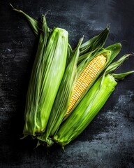 Fresh Sweet Corn with Green Husks on Dark Background Ideal for Gourmet Cooking and Summer Recipes