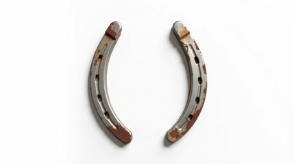 A Pair of Rustic, Weathered Metal Horseshoes Arranged on a Plain White Background