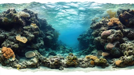 Fototapeta premium Underwater Coral Reef Landscape Featuring Vivid Marine Life in Clear Tropical Ocean Water