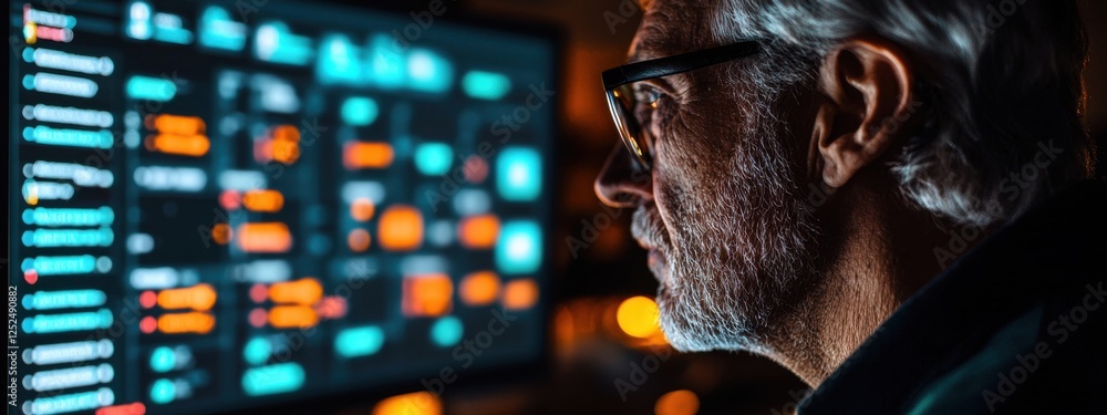 Aufkleber mature man focused on computer screen with glowing data interface during nighttime work in a modern 