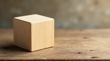 A simple wooden cube rests on a rustic wooden surface, providing a minimalist and versatile backdrop for various creative projects or product displays.