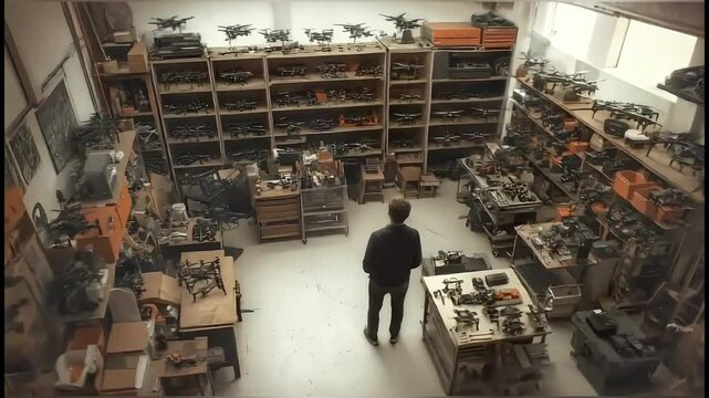 A man surveys a workshop filled with drones and aviation equipment.