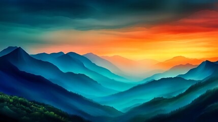 Obraz premium Stunning colorful sunset over layered mountains and valleys.