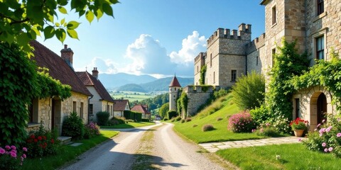 Fototapeta premium Picturesque stone houses and a majestic castle nestled in a verdant valley, bathed in sunlight