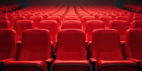 Obraz premium Rows of crimson theater seats awaiting an audience, a captivating scene of anticipation and quiet expectation in a darkened hall.
