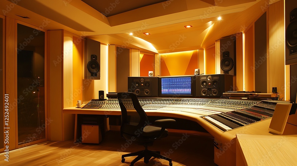 Poster luxurious recording studio with illuminated by warm lighting for features a large mixing console and