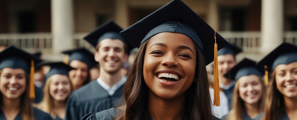 Fototapeta premium Black woman wearing a cap and gown, laughing with pride, as a group of graduates cheer and celebrate in the background