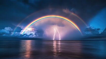 Over the horizon, rainbows amidst the storm and lightnings spectacle