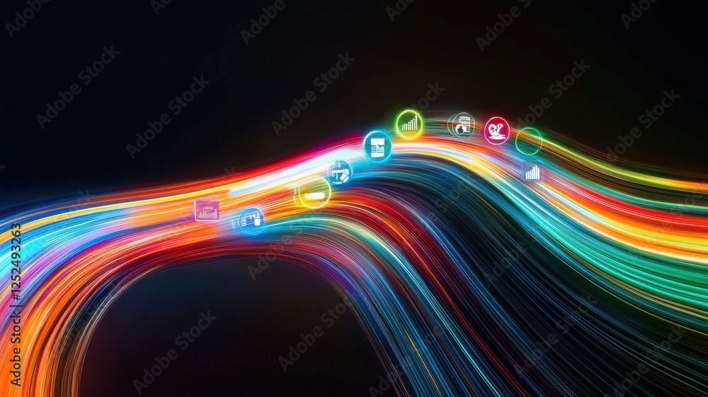 Poster dynamic colorful wave with business and technology icons representing growth and innovation concepts