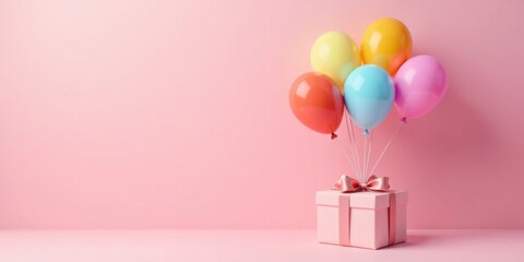 A Festive Pink Background Showcases a Pink Gift Box Adorned with a Delicate Bow, Lifted by a Cluster of Pastel Balloons.