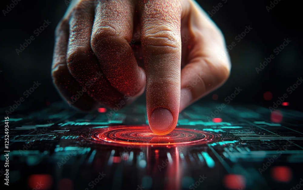 Poster Human Finger Touching Digital Interface with Red Circles and Futuristic Technology Elements in Dark Background