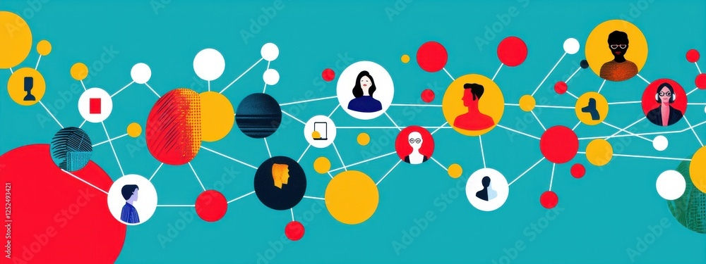 Aufkleber abstract network illustration showing diverse individuals connected by colorful circles and lines on