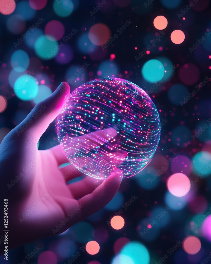 Aufkleber Glowing Sphere of Light in Hand with Vibrant Bokeh Background and Sparkling Visual Effects