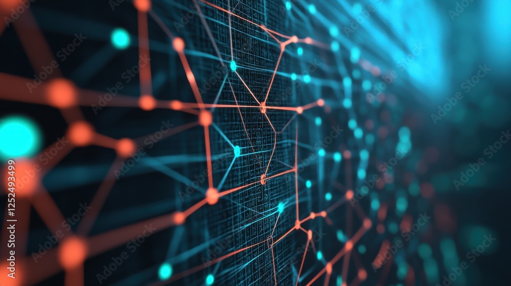Poster abstract digital background with glowing nodes and connected lines in blue and orange tones