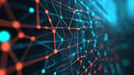 Obraz premium Abstract digital background with glowing nodes and connected lines in blue and orange tones