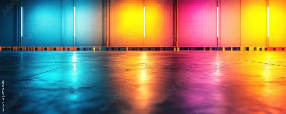 Poster vibrant abstract background with colorful neon lights and glossy floor for creative design projects