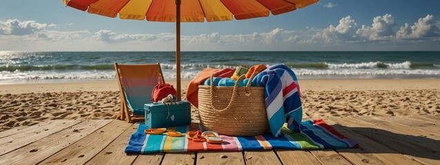 A lively beach setting with vibrant beach towels, a beach umbrella, flip-flops, and a beach bag