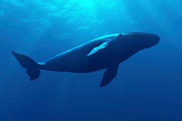 Fototapeta premium Whale swimming freely in the deep blue ocean, sun rays filtering above, marine life
