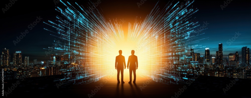Poster two silhouetted figures standing in front of an abstract digital explosion in a cityscape at dusk