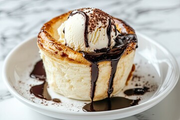 A chocolate souffle with a scoop of vanilla ice cream.