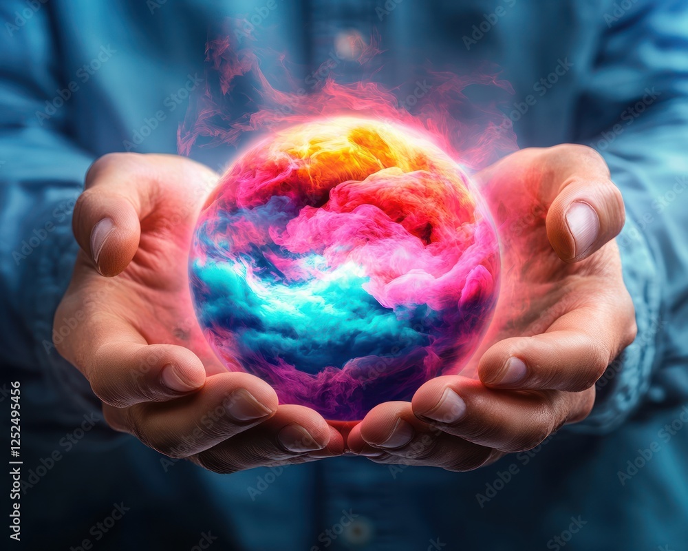 Poster a person holding a colorful abstract sphere of light and cloud in their hands against a dark backgro