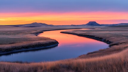 Obraz premium Serene sunrise over prairie river, buttes reflecting in calm water, scenic landscape photography