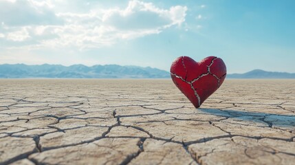 Fototapeta premium A cracked heart stands alone on a dry, cracked landscape under a clear blue sky, symbolizing resilience and the impact of emotional desolation.