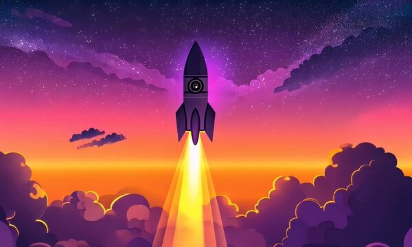 Rocket launch at sunset, cosmic background, startup success illustration