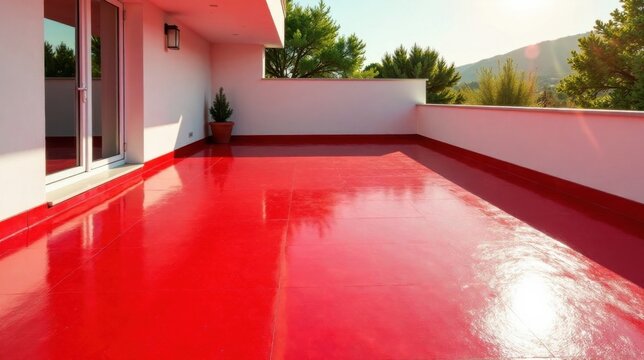 Vibrant Red Balcony Floor with Stunning Views and Sunlight Reflection
