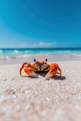 Crab on sandy beach by ocean with blue sky for travel, tourism, nature