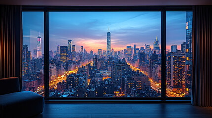 NYC skyline sunset view from modern apartment window