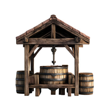 "Photorealistic image of a traditional wooden cider press in a rustic setting. The cider press features a large, weathered wooden barrel, with the wooden slats showing signs of wear. A metal press mec