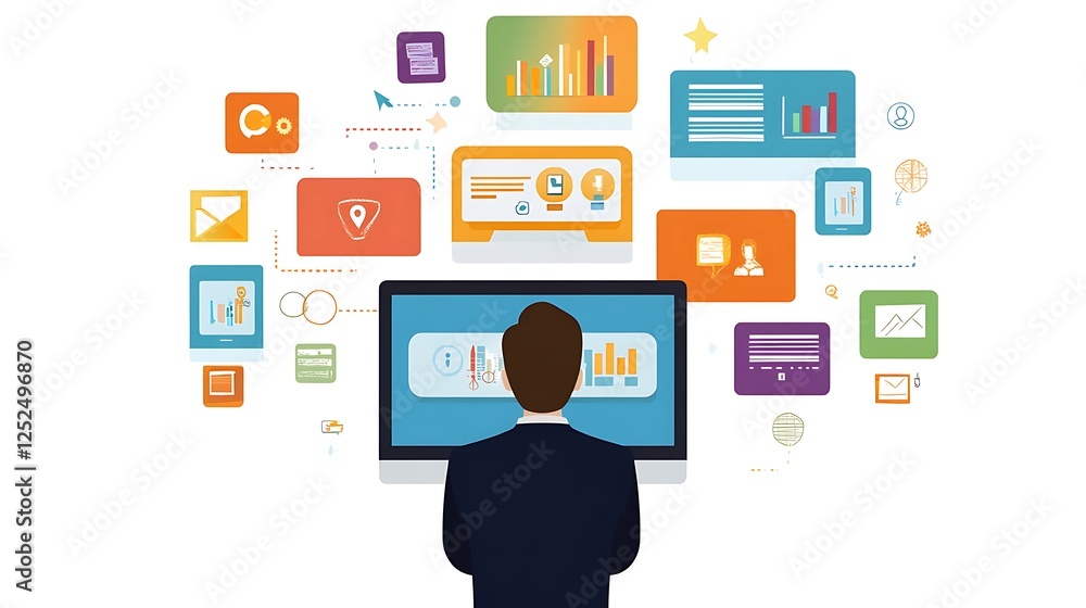 Aufkleber businessman analyzing data on a computer with surrounded by connected screens and graphics for showi